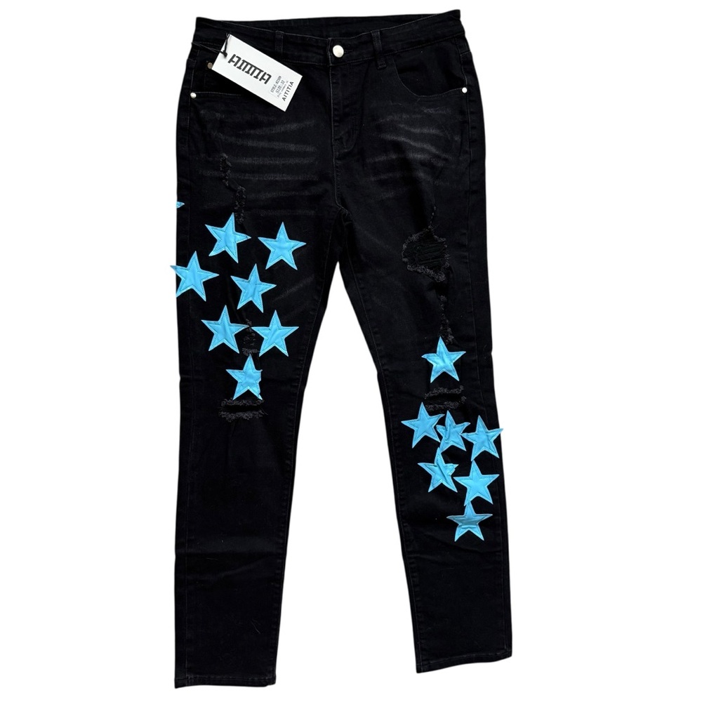 Black Ripped Jeans Blue Stars Men's 32 AITITIA 82309 Distressed Star Patched NWT